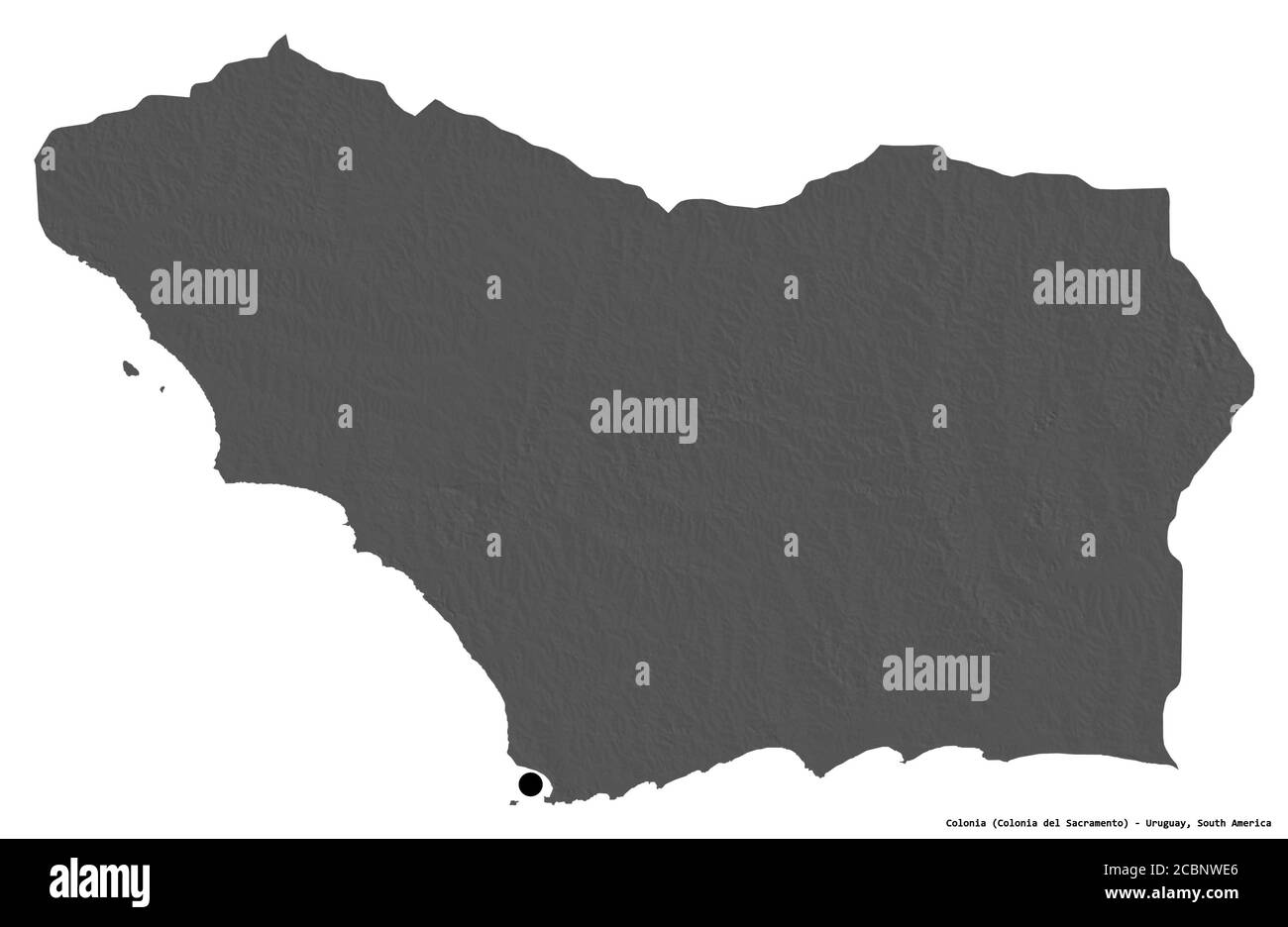 Shape of Colonia, department of Uruguay, with its capital isolated on white background. Bilevel elevation map. 3D rendering Stock Photo