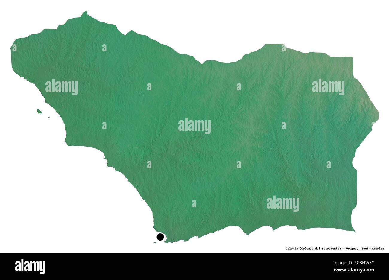 Shape of Colonia, department of Uruguay, with its capital isolated on white background. Topographic relief map. 3D rendering Stock Photo