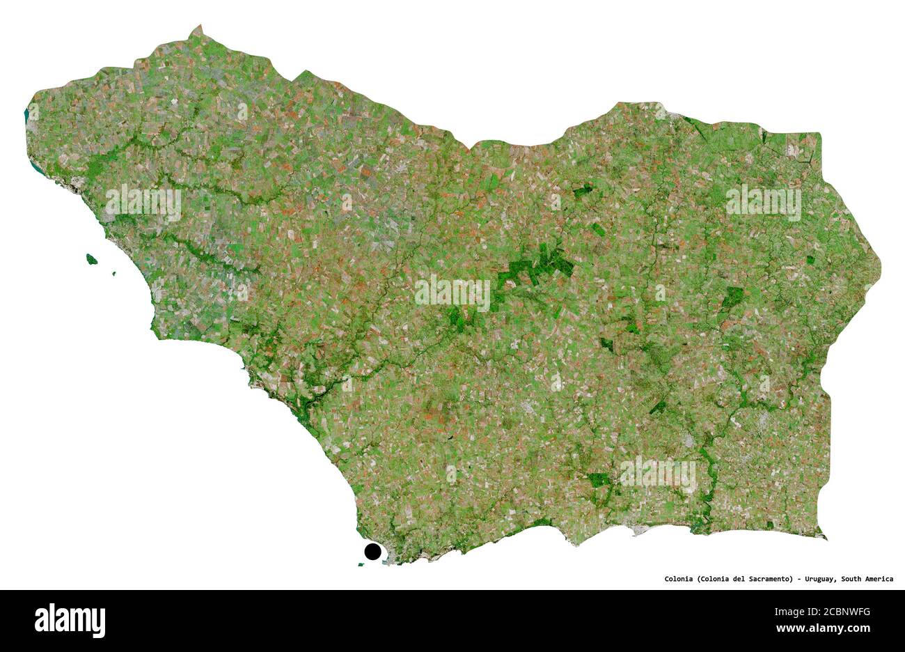 Shape of Colonia, department of Uruguay, with its capital isolated on white background. Satellite imagery. 3D rendering Stock Photo