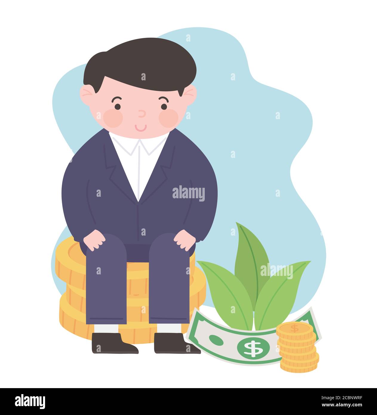 happy businessman sitting on coins money business financial vector ...