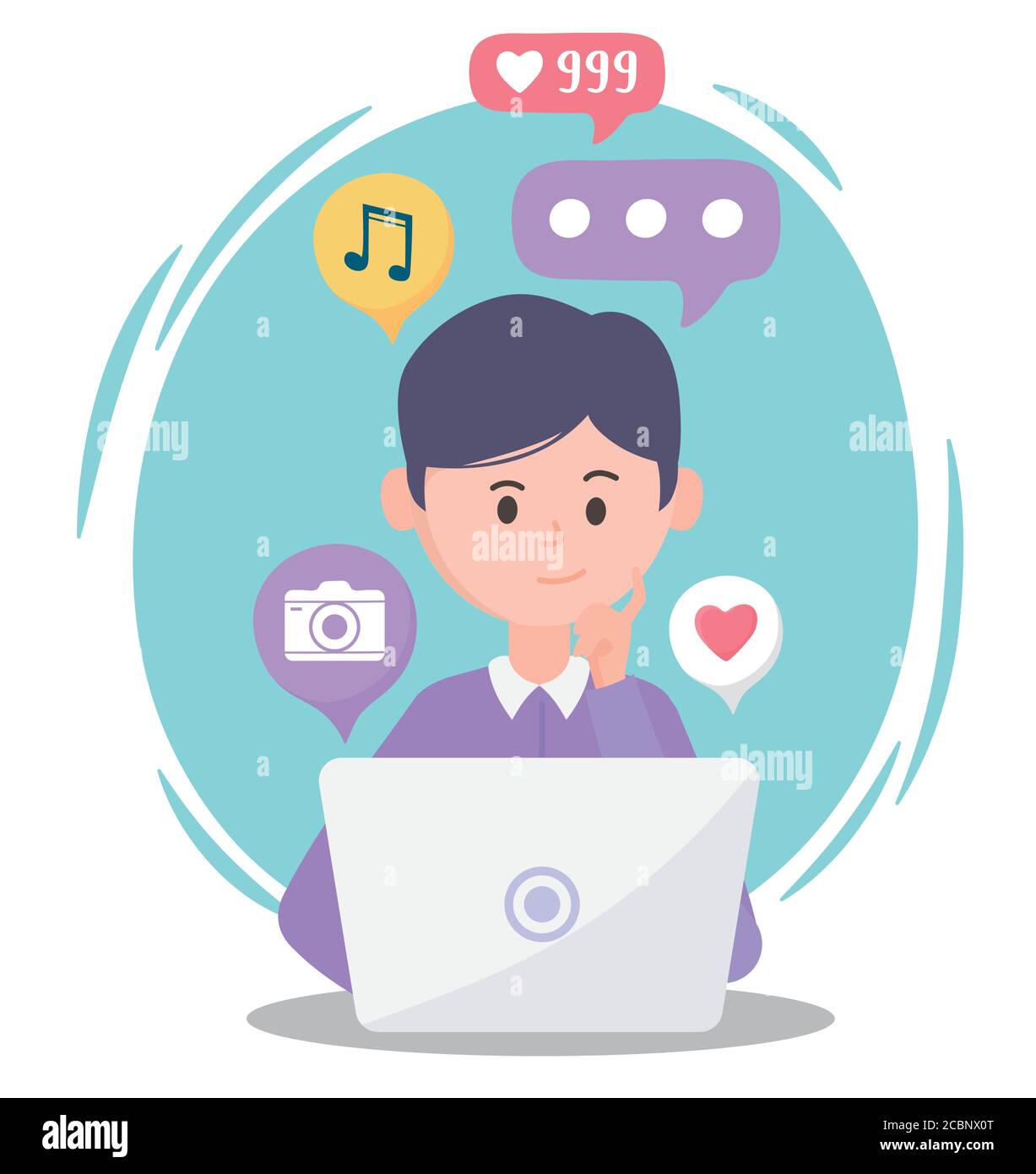 young man using laptop different apps social network communication and technologies vector illustration Stock Vector