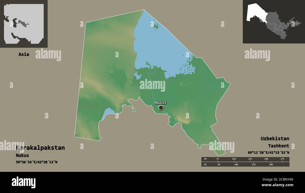 Shape of Karakalpakstan, autononous region of Uzbekistan, and its capital. Distance scale, previews and labels. Topographic relief map. 3D rendering Stock Photo