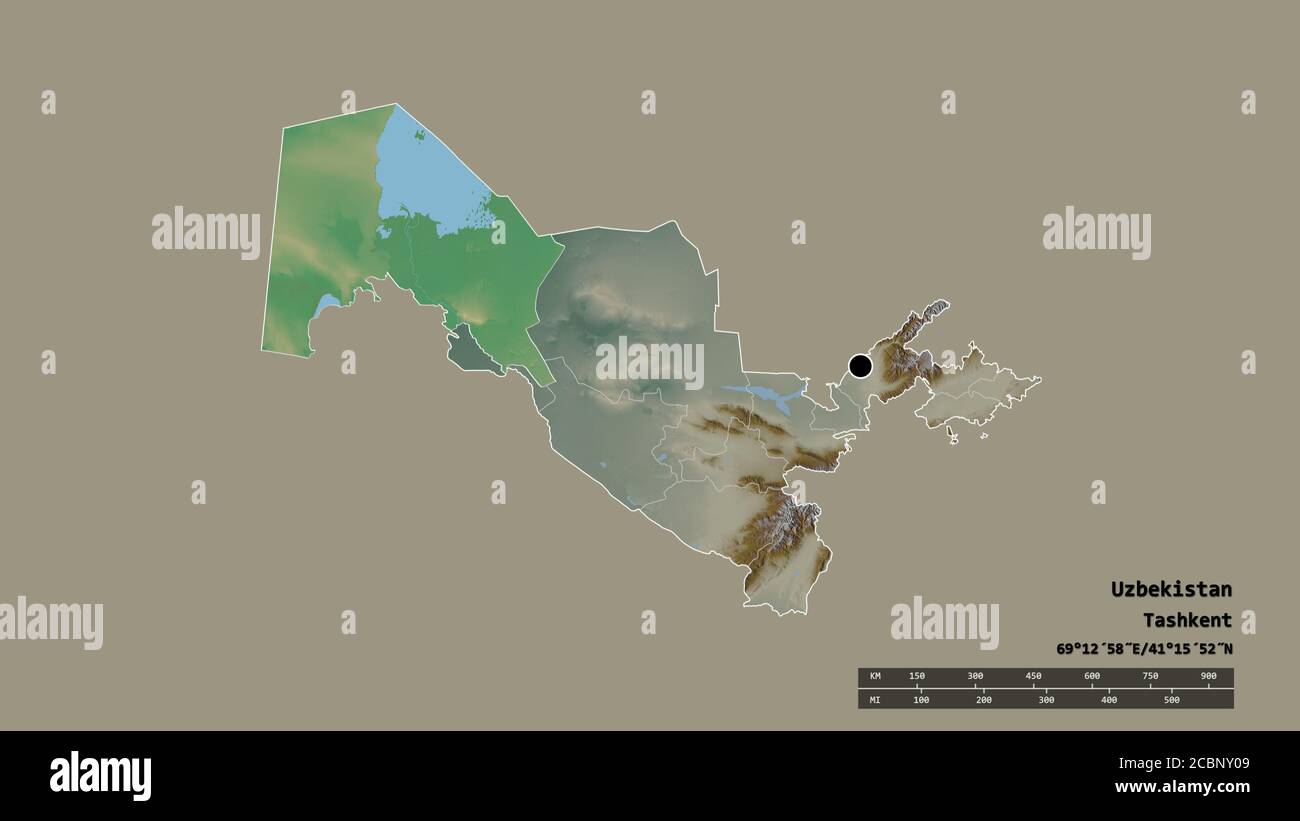 Desaturated shape of Uzbekistan with its capital, main regional division and the separated Karakalpakstan area. Labels. Topographic relief map. 3D ren Stock Photo