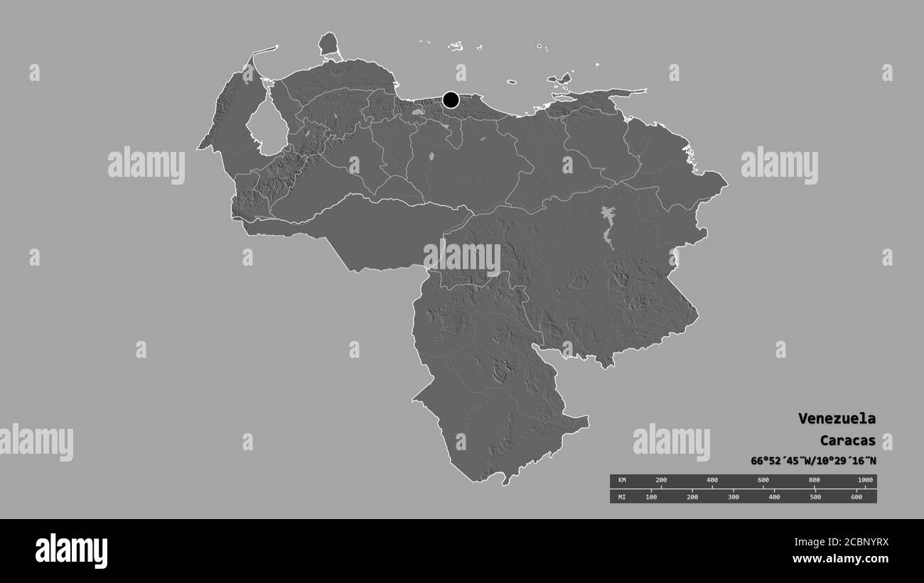 Desaturated shape of Venezuela with its capital, main regional division and the separated Apure area. Labels. Bilevel elevation map. 3D rendering Stock Photo