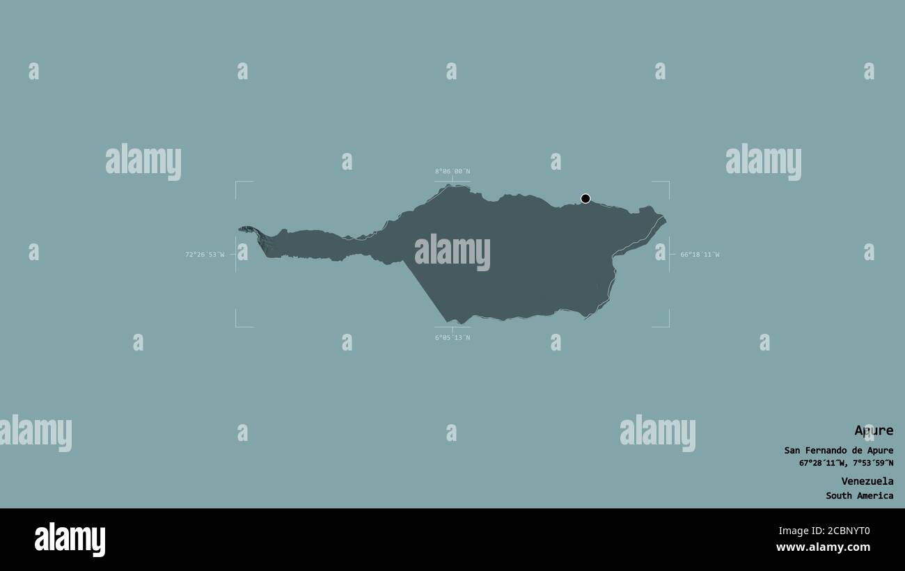 Area of Apure, state of Venezuela, isolated on a solid background in a georeferenced bounding box. Labels. Colored elevation map. 3D rendering Stock Photo