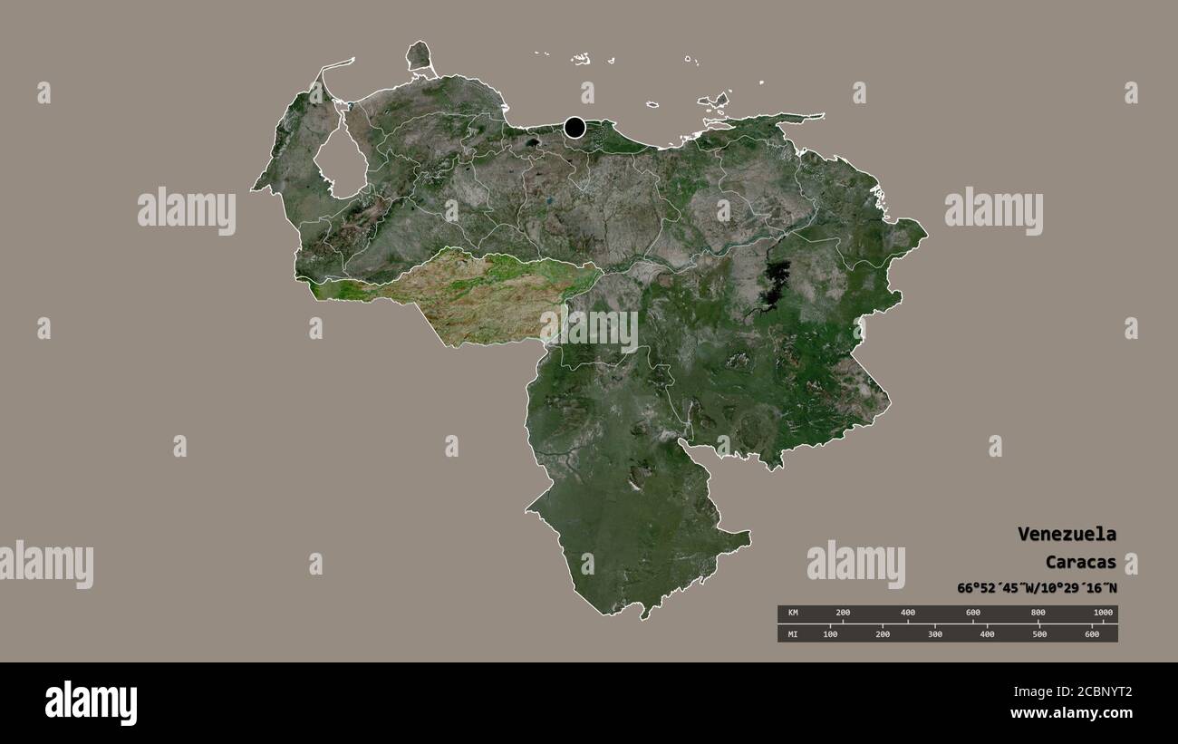 Desaturated shape of Venezuela with its capital, main regional division and the separated Apure area. Labels. Satellite imagery. 3D rendering Stock Photo