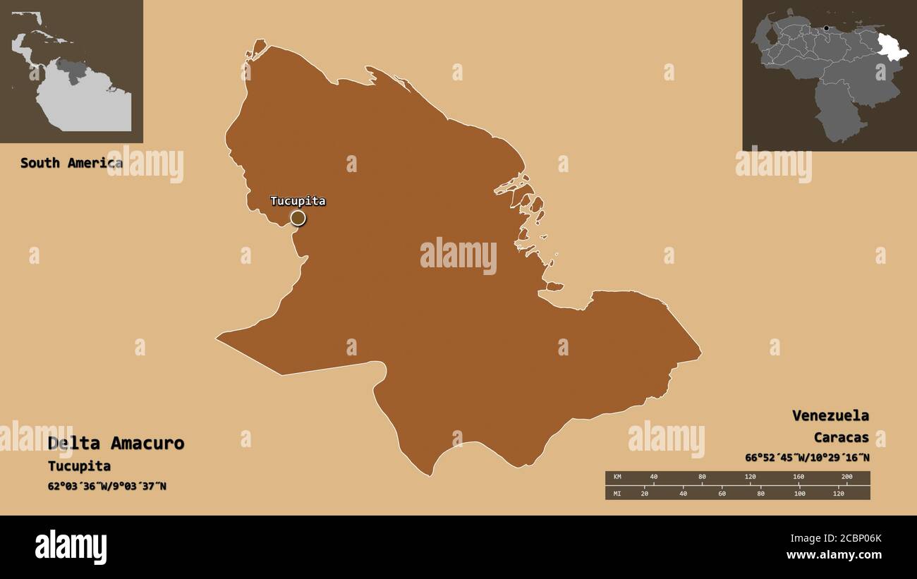 Shape of Delta Amacuro, state of Venezuela, and its capital. Distance scale, previews and labels. Composition of patterned textures. 3D rendering Stock Photo