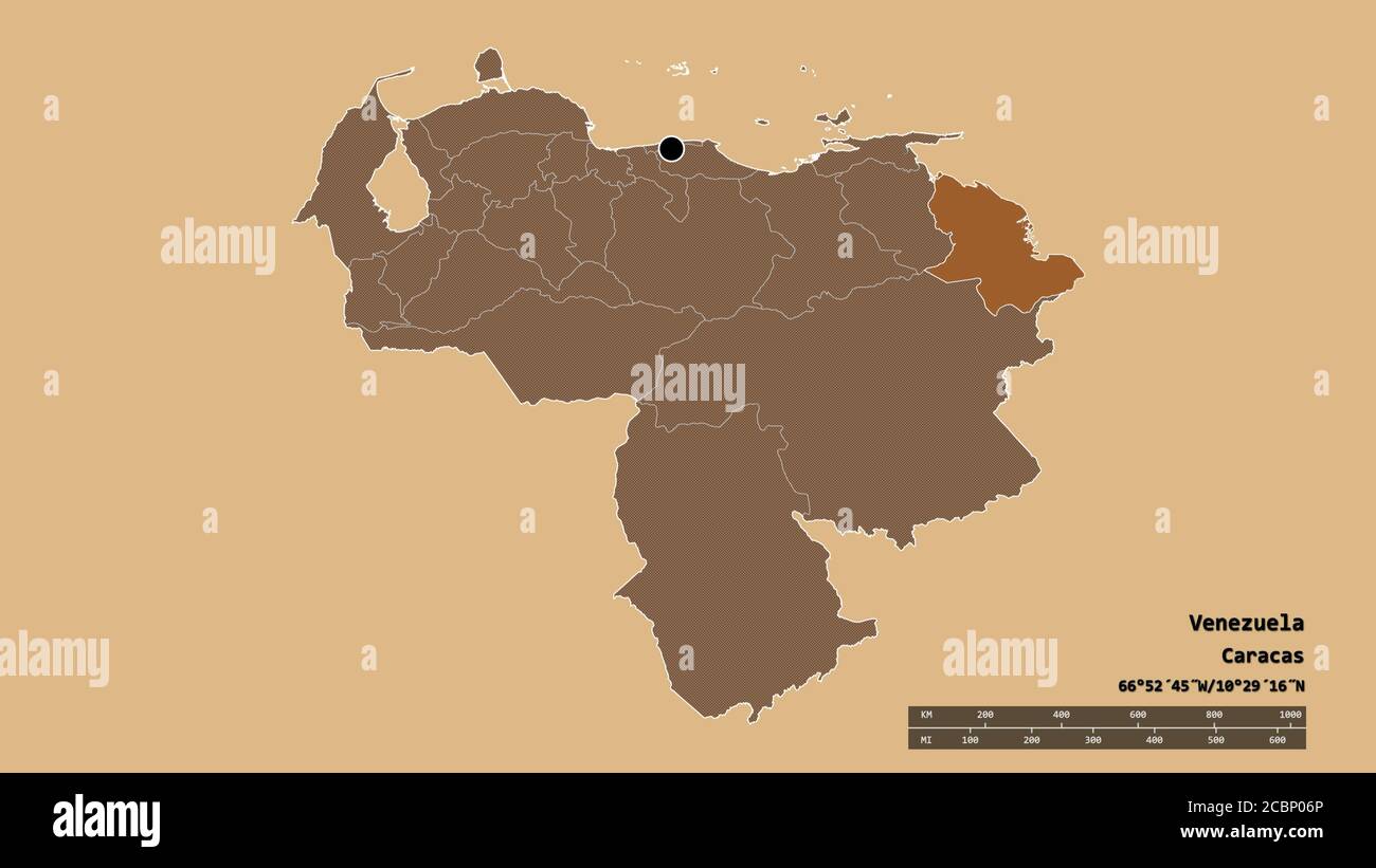 Desaturated shape of Venezuela with its capital, main regional division and the separated Delta Amacuro area. Labels. Composition of patterned texture Stock Photo