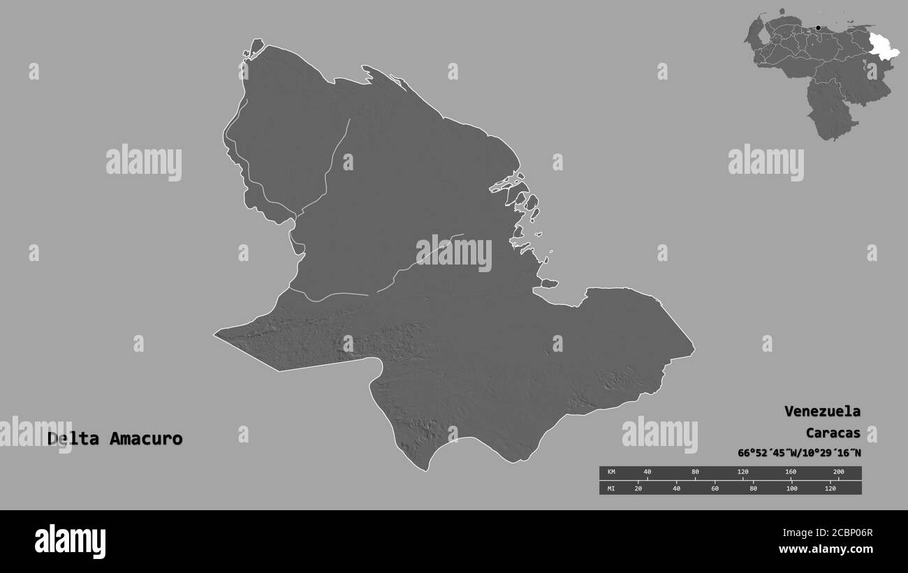 Shape of Delta Amacuro, state of Venezuela, with its capital isolated on solid background. Distance scale, region preview and labels. Bilevel elevatio Stock Photo