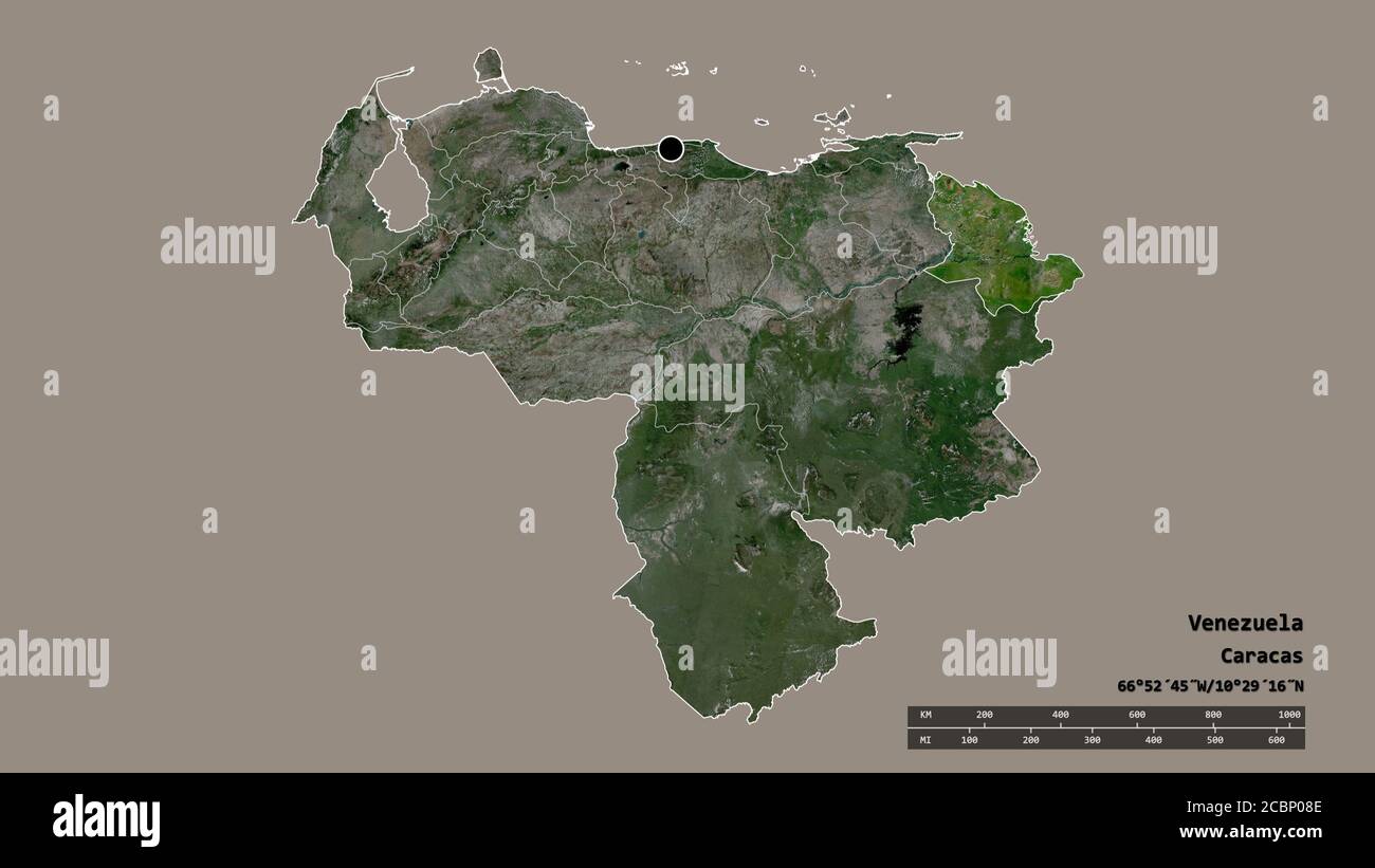 Desaturated shape of Venezuela with its capital, main regional division and the separated Delta Amacuro area. Labels. Satellite imagery. 3D rendering Stock Photo