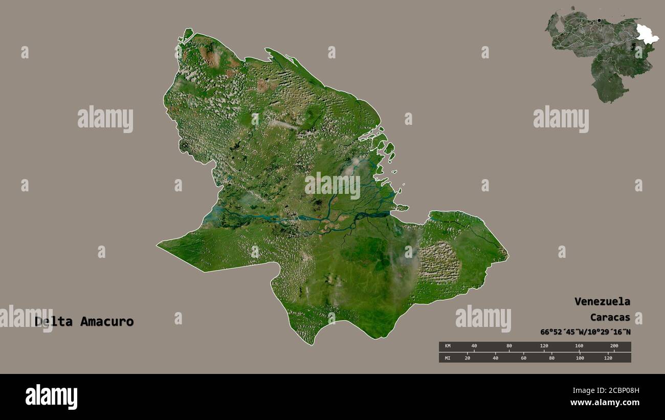Shape of Delta Amacuro, state of Venezuela, with its capital isolated on solid background. Distance scale, region preview and labels. Satellite imager Stock Photo