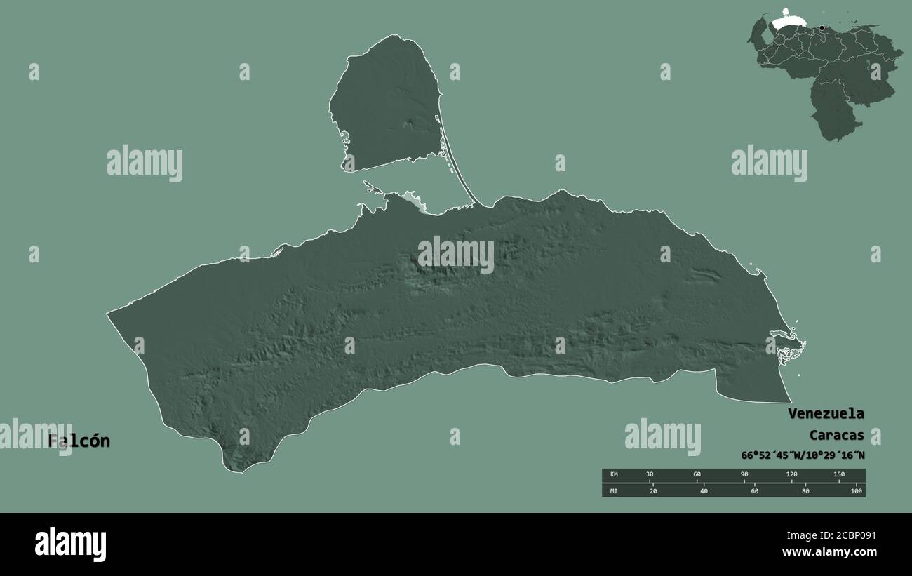 Shape of Falcón, state of Venezuela, with its capital isolated on solid ...