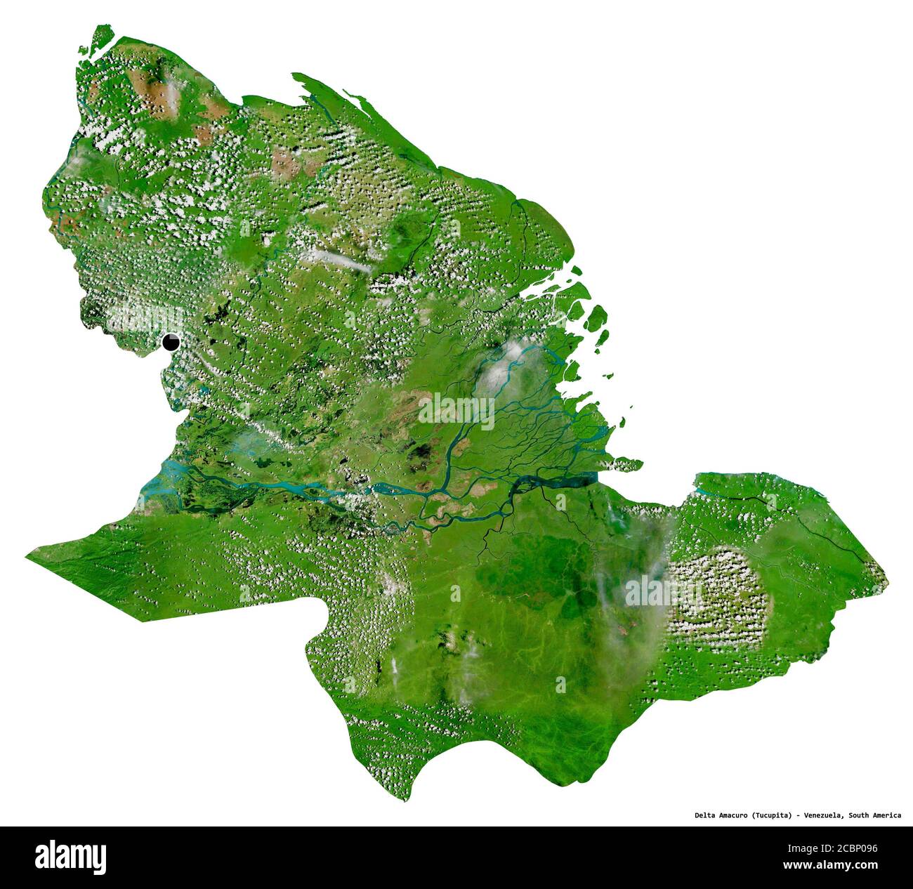 Shape of Delta Amacuro, state of Venezuela, with its capital isolated on white background. Satellite imagery. 3D rendering Stock Photo