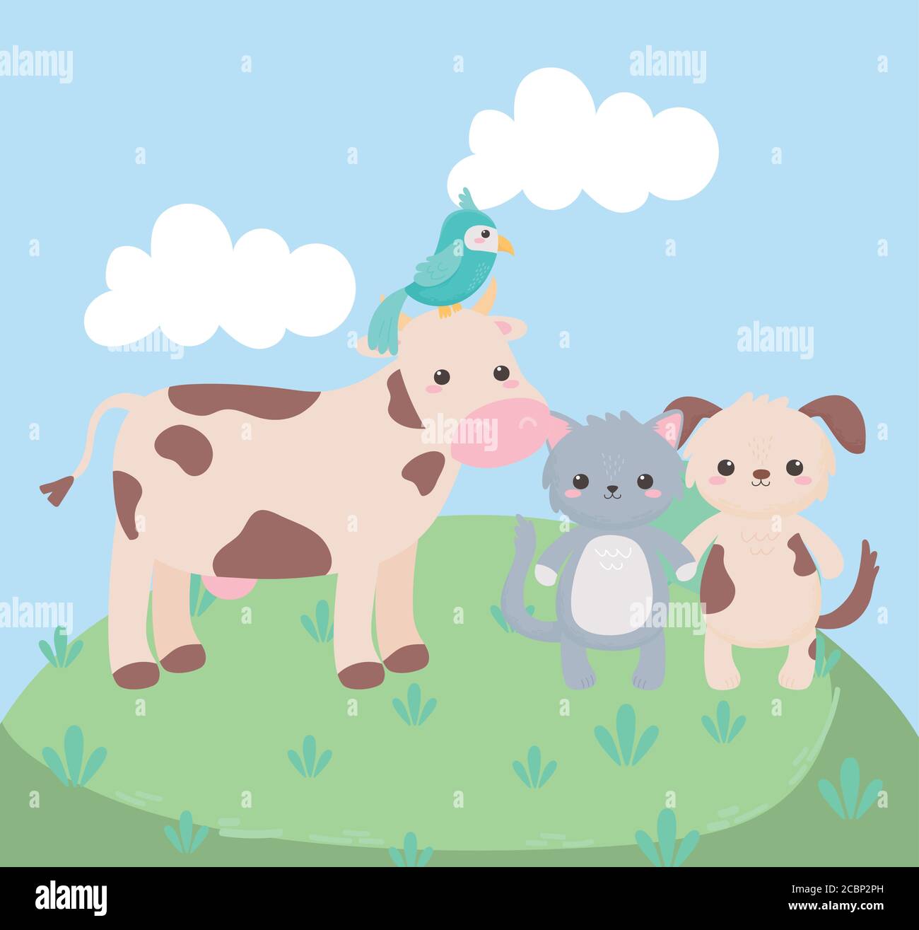Dog Cat Rabbit Cow cute cow cat dog parrot grass cartoon animals in a natural landscape ...