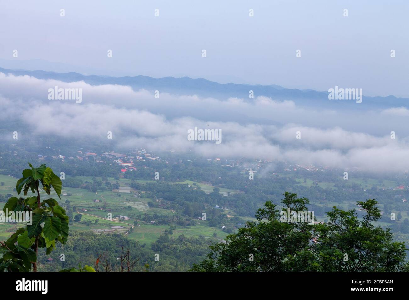 Landscape lot of fog.Fog cover the mountain forest. Stock Photo