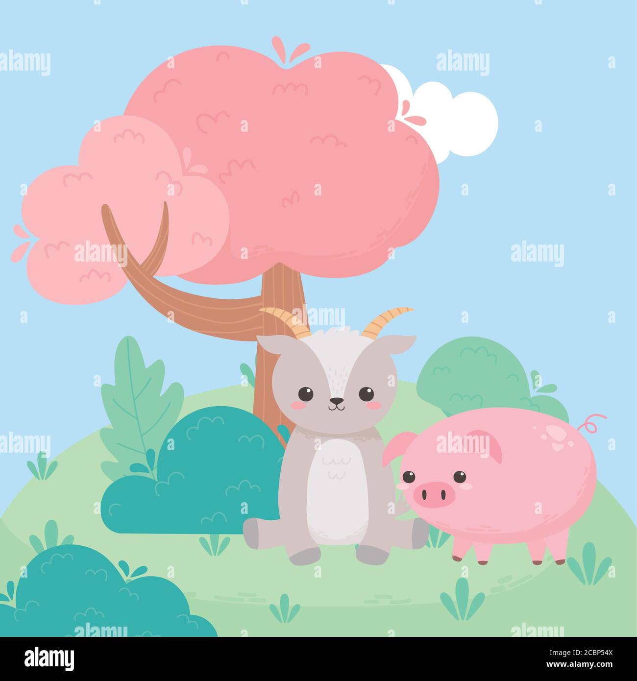 cute goat sitting and pig tree bushes grass cartoon animals in a natural landscape vector illustration Stock Vector