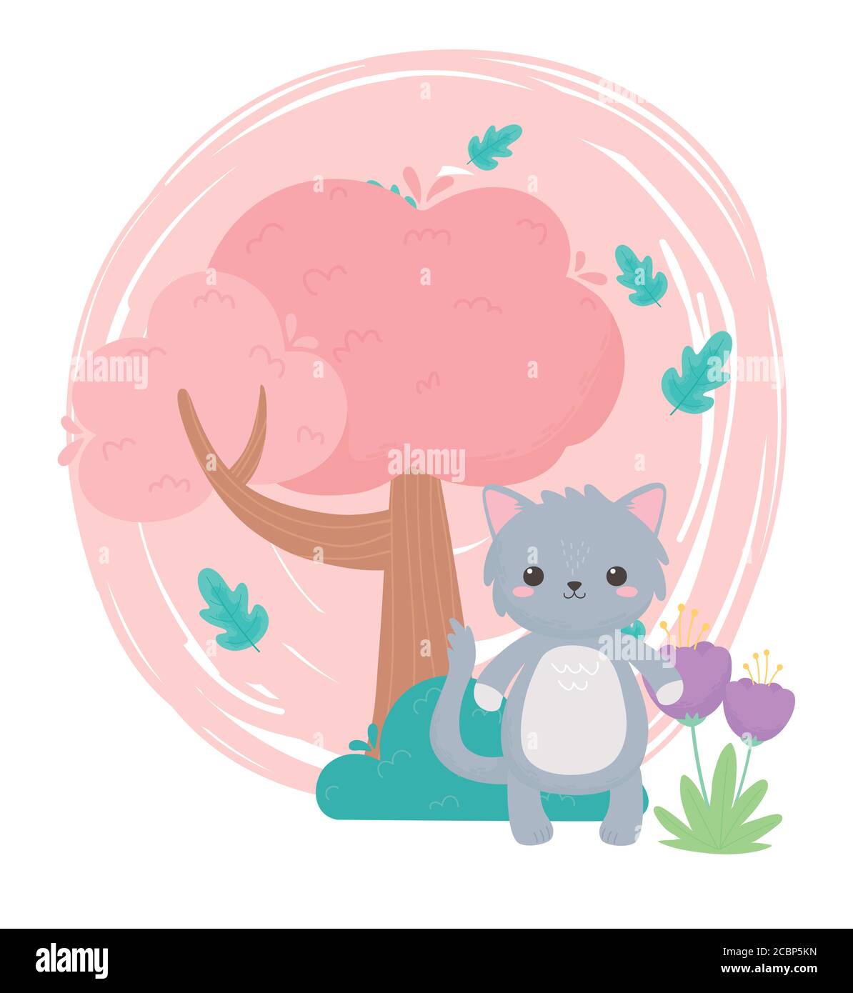 cute gray cat flowers tree bush cartoon animals in a natural landscape vector illustration Stock Vector