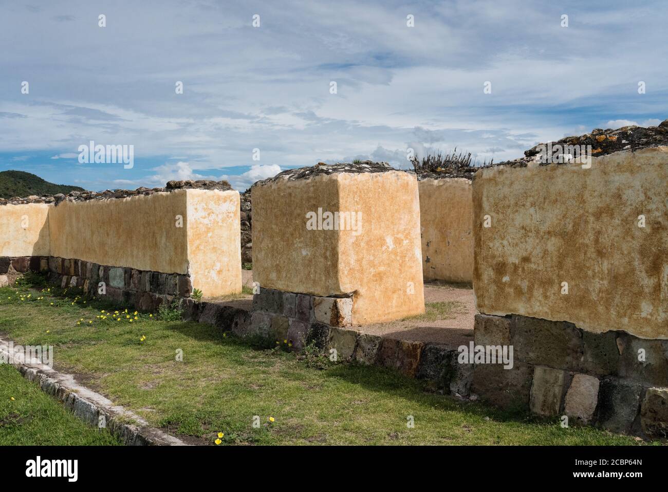 The Palace of the 6 Patios was housing for the elite of Yagul and was built around six grassy patios.  The walls were covered with stucco and painted. Stock Photo