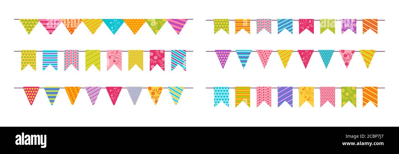 Flag garland bunting birthday party flat set. Anniversary, celebration  party hanging pattern flags cartoon collection. Buntings pennants  celebration, festival decoration. Isolated vector illustration Stock Vector  Image & Art - Alamy
