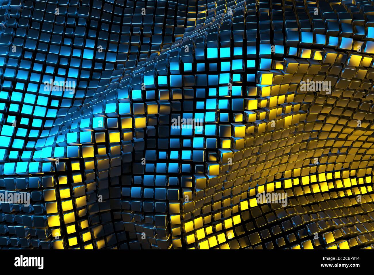 a field of Golden cubes in space illuminated by blue and yellow light. Picture for your background. 3d illustration Stock Photo