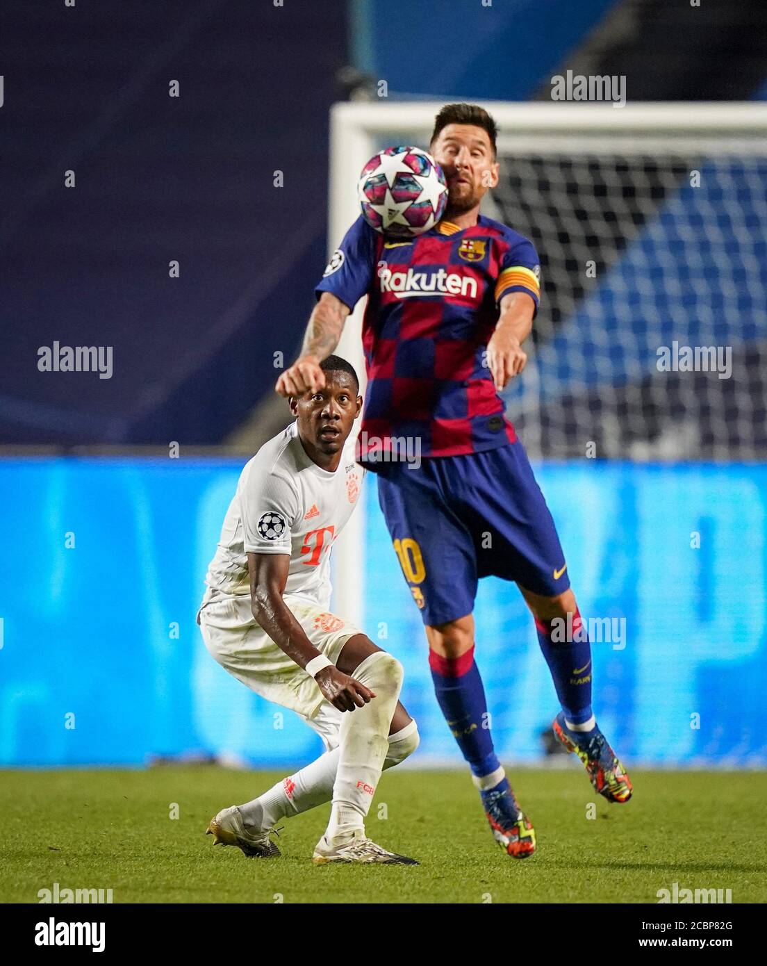 Lisbon, Lissabon, Portugal, 14th August 2020. David Alaba (Muenchen),  Lionel Messi (Barca) in the quarterfinal UEFA Champions League match final  tournament FC BAYERN MUENCHEN - FC BARCELONA in Season 2019/2020, FCB,  Munich,