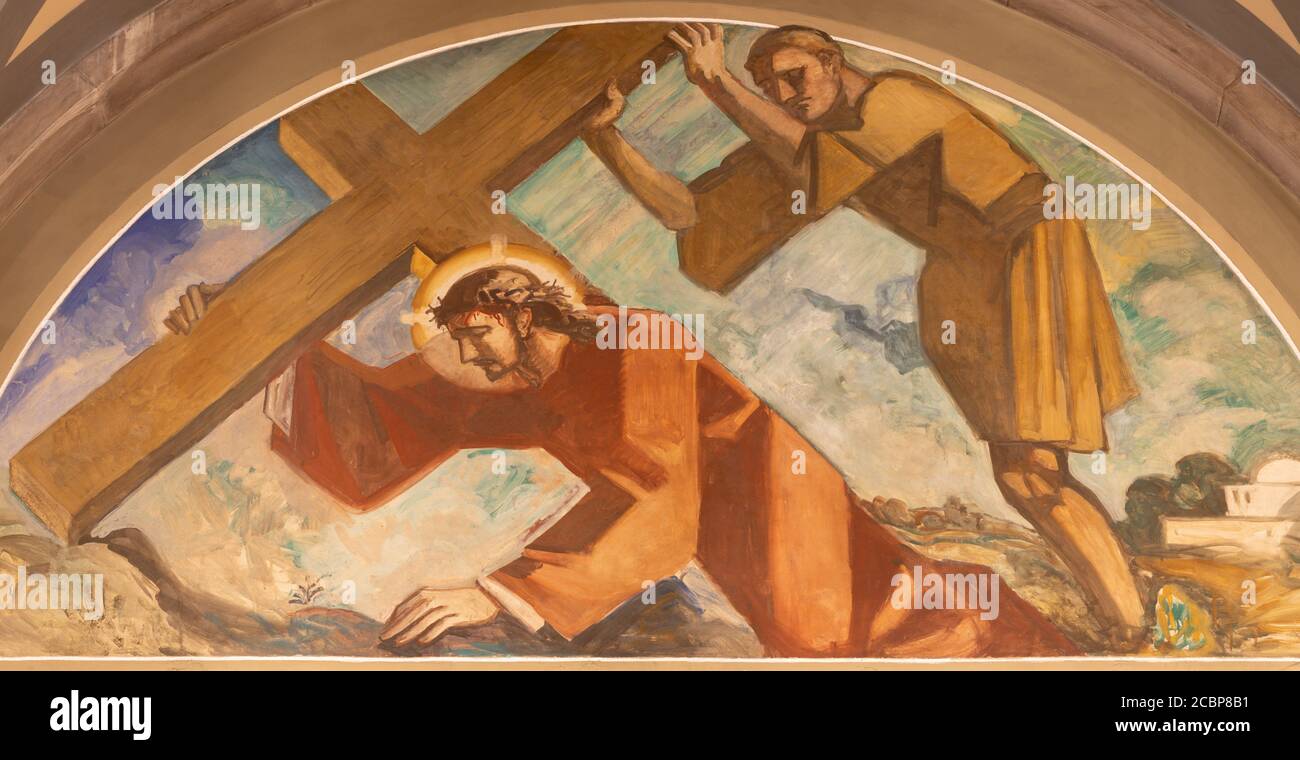 BARCELONA, SPAIN - MARCH 3, 2020: The fresco of Jesus fall under the cross in the church Santuario Nuestra Senora del Sagrado Corazon Stock Photo