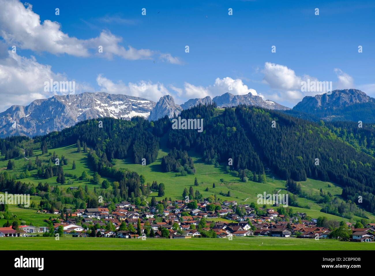 View from the Berghof, of the Allgaeu Alps near Buching, Ostallgaeu, Allgaeu, Swabia, Bavaria, Germany Stock Photo
