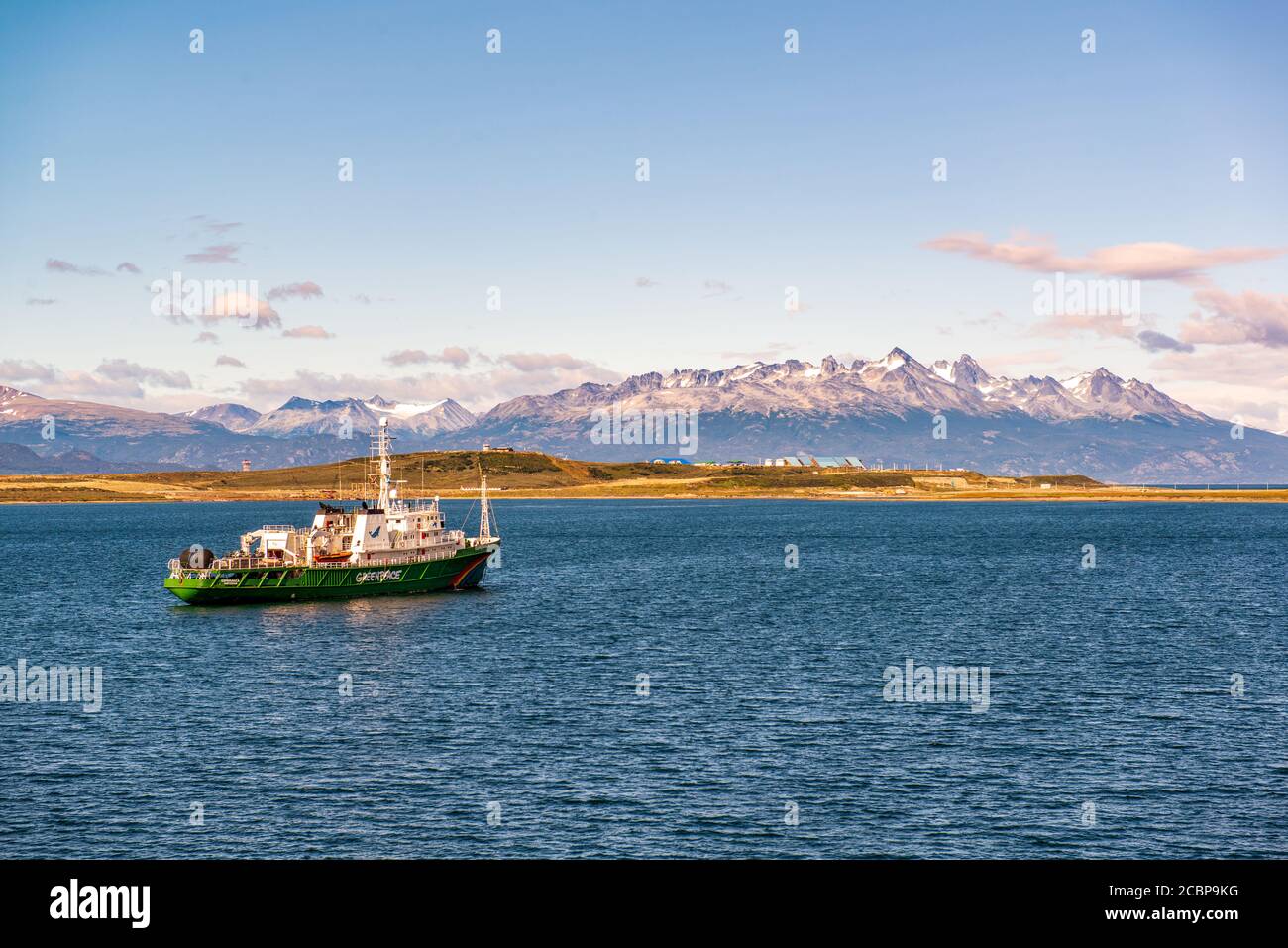 Greenpeace’s MV Esperanza anchored off of Ushuaia, staging location for expeditions to Antarctica Stock Photo