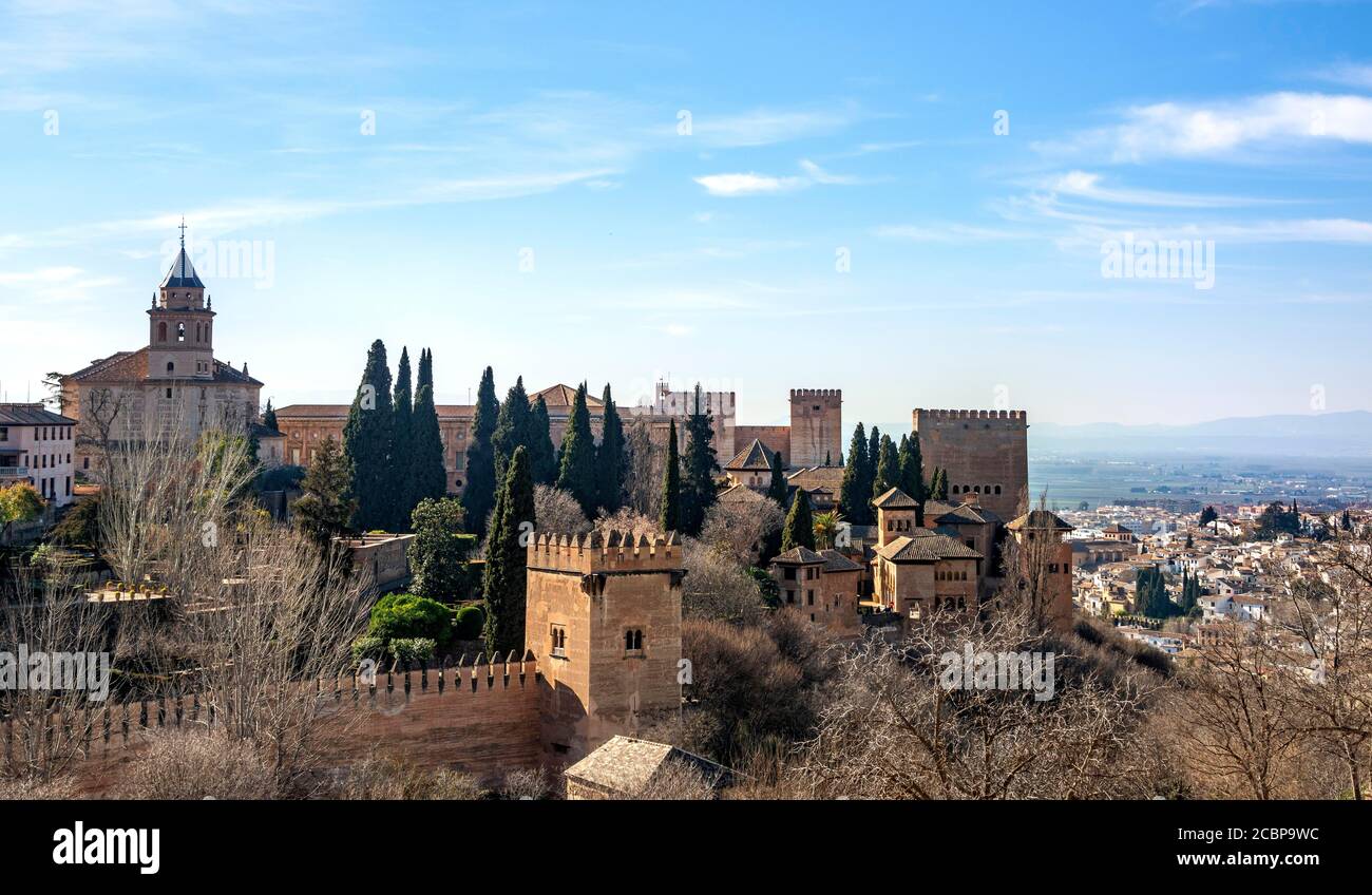 View of the towers of the Alcazaba and church Santa Maria de la Alhambra, Alhambra, Granada, Andalusia, Spain Stock Photo