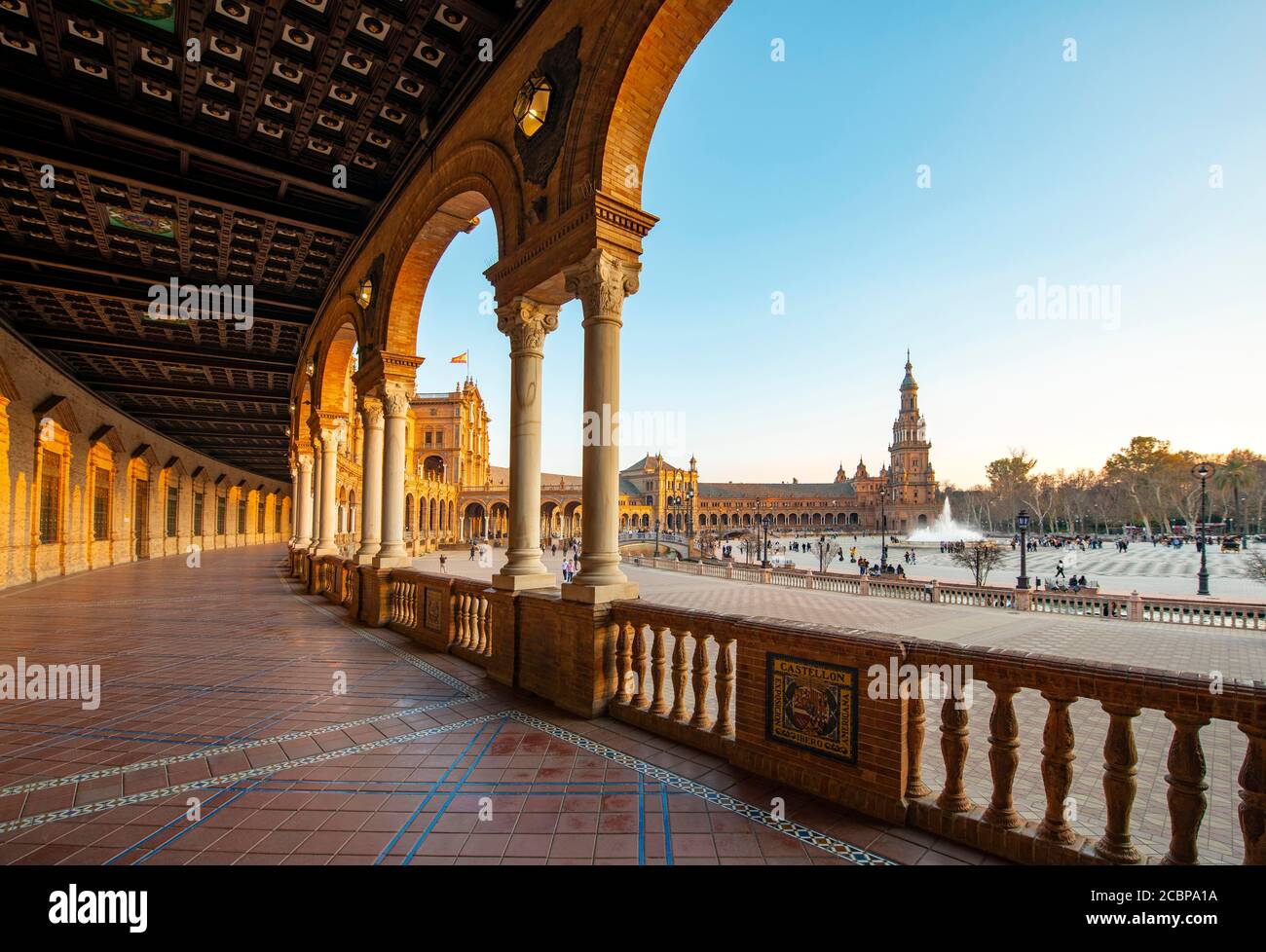 Plaza de Espana in the evening light, from the gallery, Sevilla, Andalusia, Spain Stock Photo
