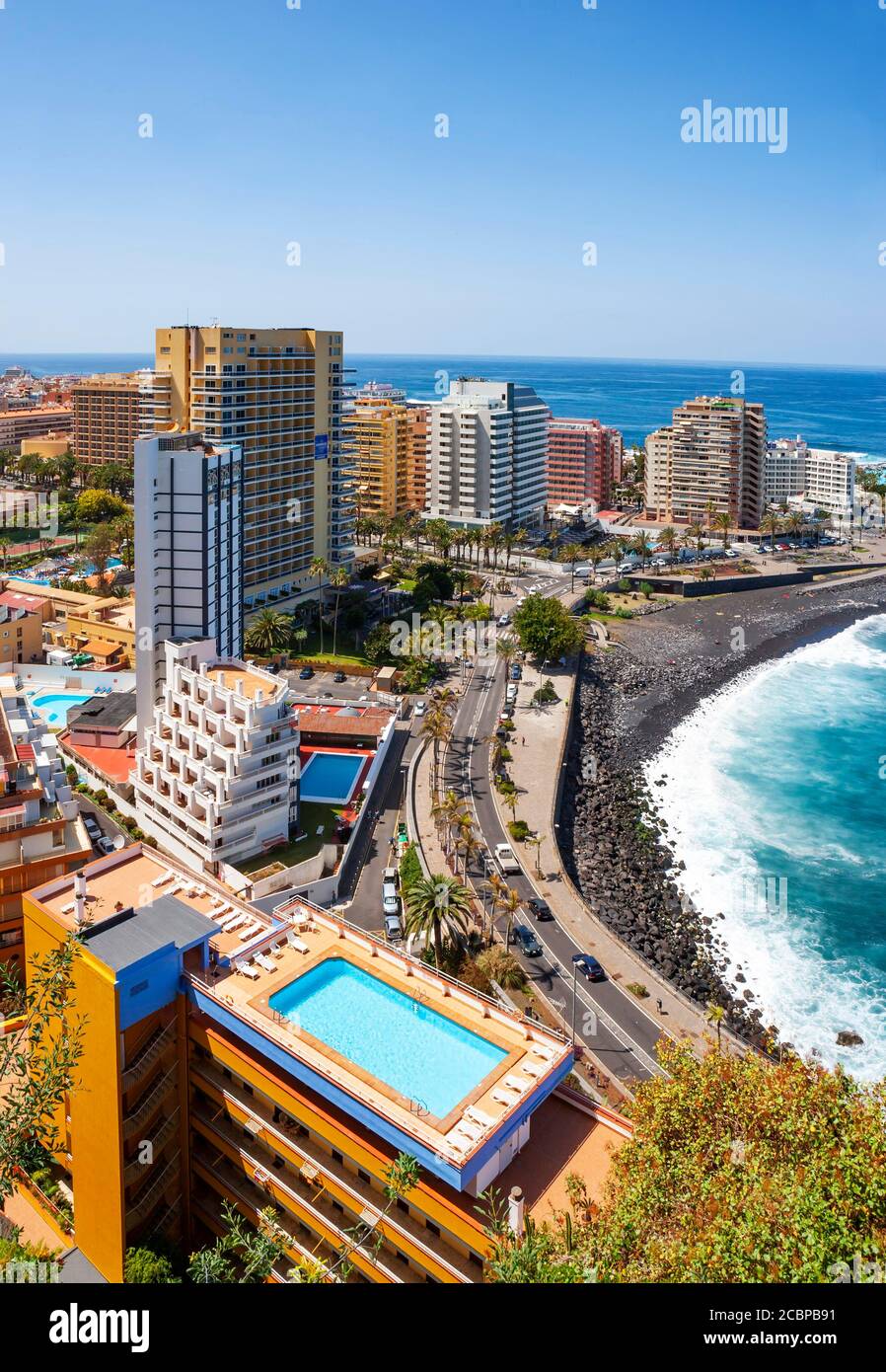 Playa Martianez, view from Mirador la Paz to Puerto de la Cruz, Tenerife, Canary Islands, Spain Stock Photo