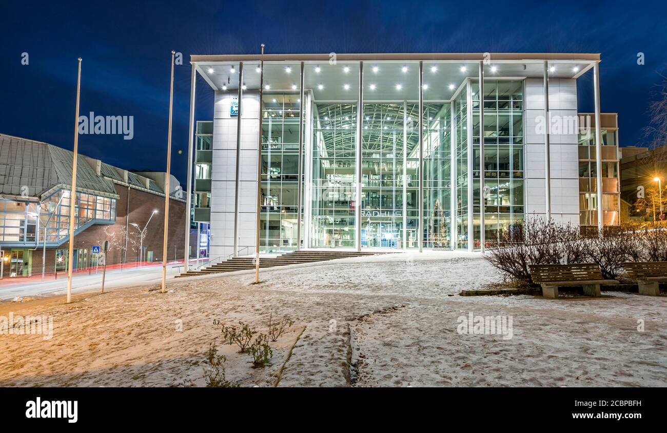 New town hall, Radhus, polar night, winter, Tromsoe, Troms, Norway ...