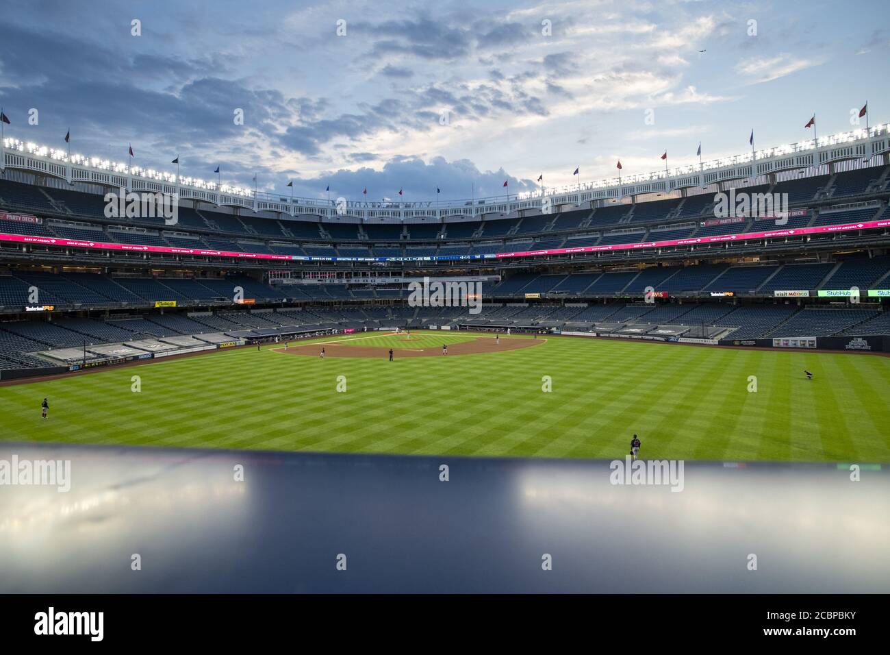 Bronx, United States. 14th Aug, 2020. Boston Red Sox is in the field in the second inning against the New York Yankees at Yankee Stadium on Friday, August 14, 2020 in New York City. Photo by Corey Sipkin/UPI Credit: UPI/Alamy Live News Stock Photo