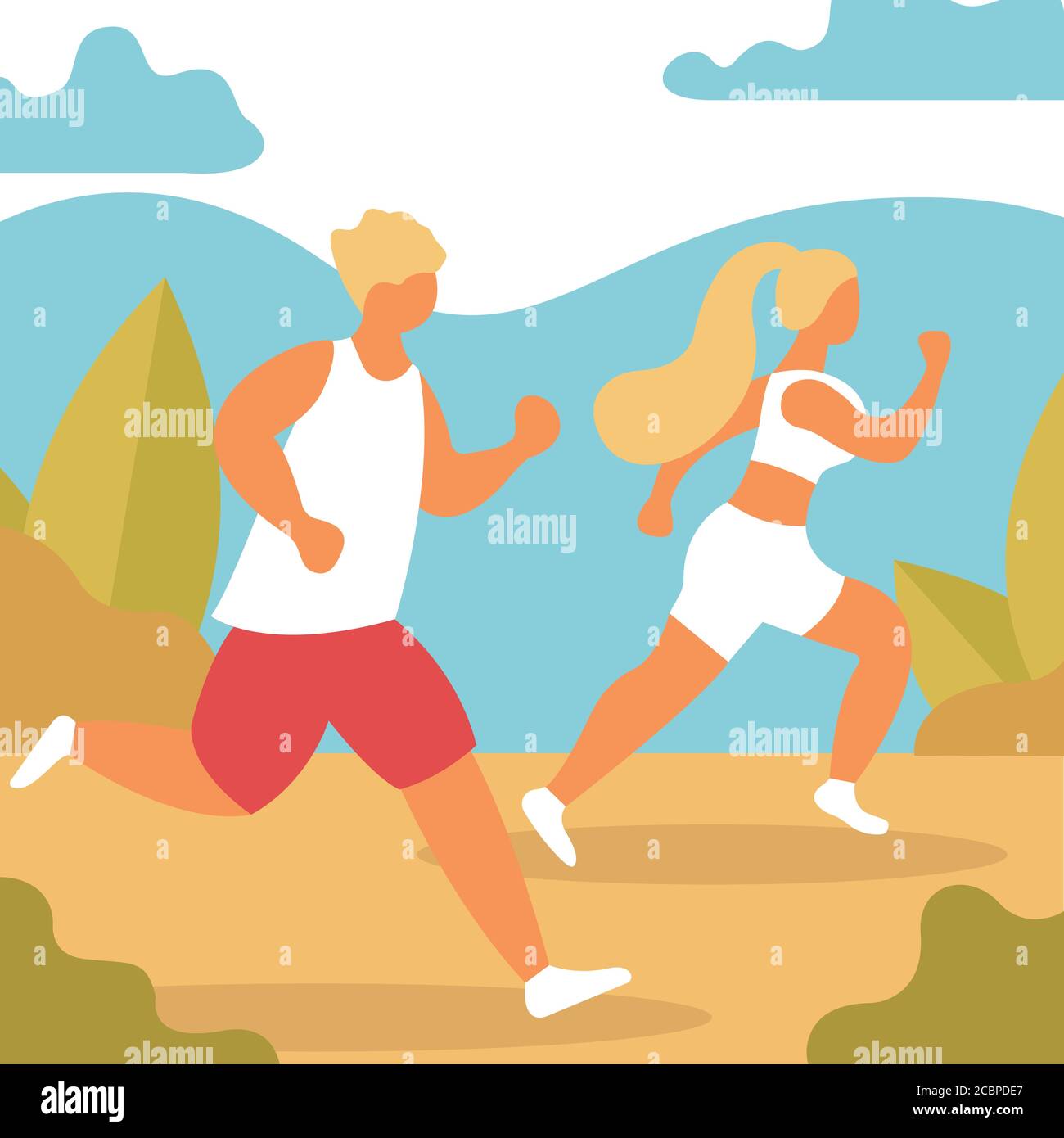 Happy couple running around in the park. Man and woman is engaged in fitness. Morning jogging. Active and healthy lifestyle. Vector illustration in Stock Vector
