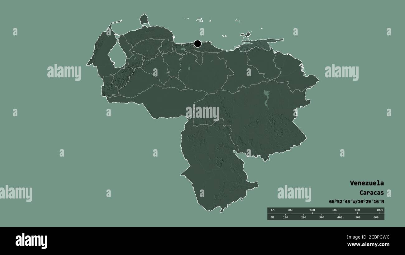 Desaturated shape of Venezuela with its capital, main regional division and  the separated Sucre area. Labels. Colored elevation map. 3D rendering Stock  Photo - Alamy