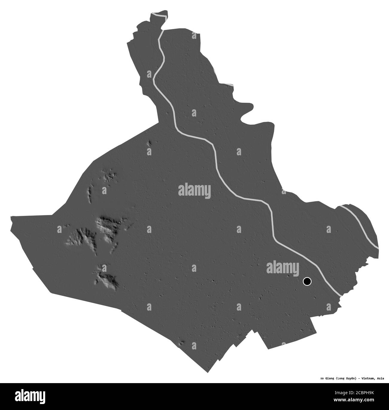 Shape of An Giang, province of Vietnam, with its capital isolated on white background. Bilevel elevation map. 3D rendering Stock Photo