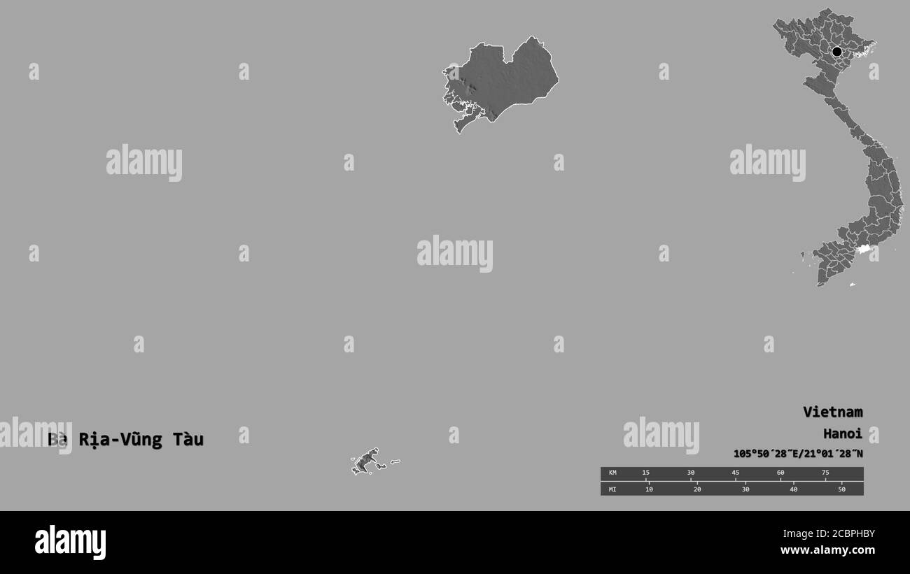 Shape of Bà Rịa-Vũng Tàu, province of Vietnam, with its capital isolated on solid background. Distance scale, region preview and labels. Bilevel eleva Stock Photo