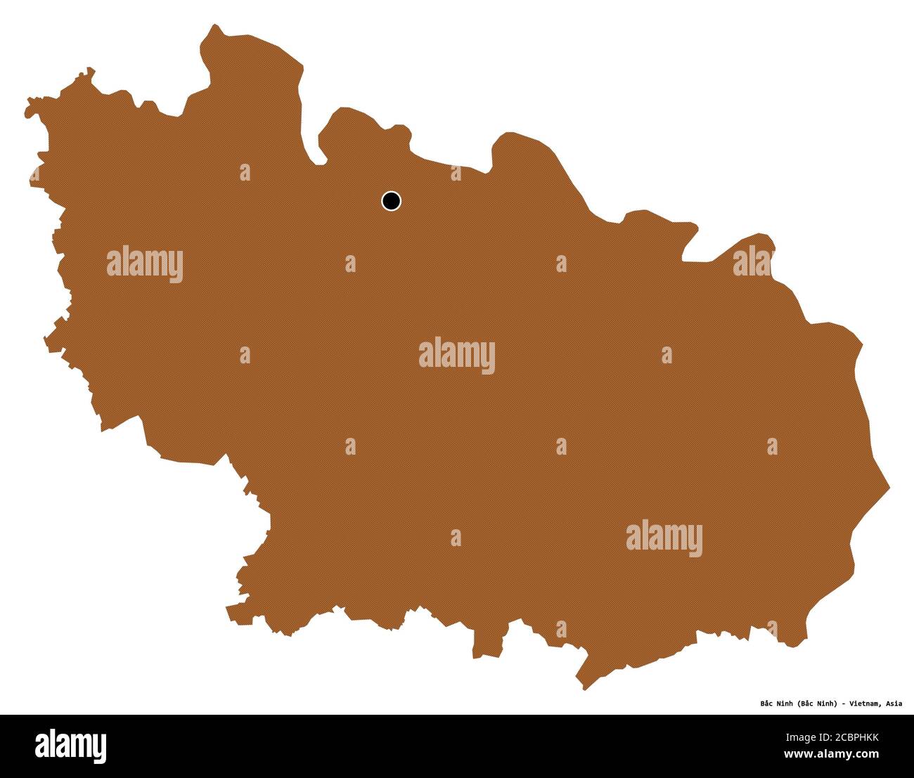 Shape of Bắc Ninh, province of Vietnam, with its capital isolated on white background. Composition of patterned textures. 3D rendering Stock Photo