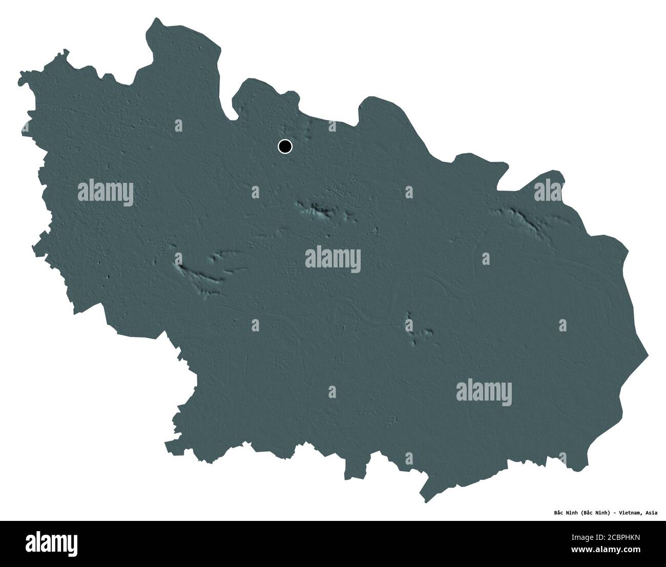 Shape of Bắc Ninh, province of Vietnam, with its capital isolated on white background. Colored elevation map. 3D rendering Stock Photo