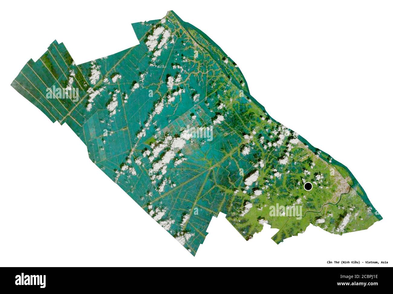Shape of Cần Thơ, city of Vietnam, with its capital isolated on white background. Satellite imagery. 3D rendering Stock Photo