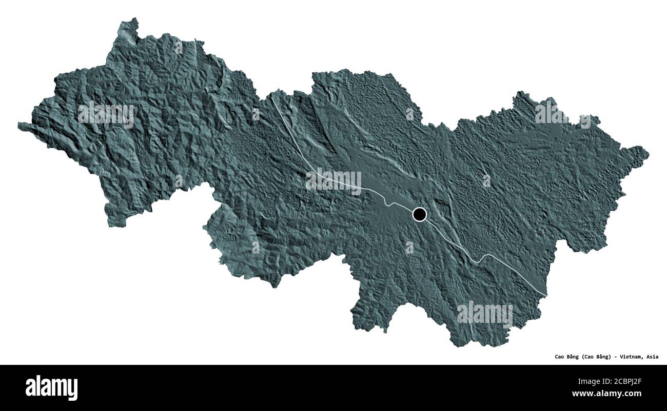 Shape of Cao Bằng, province of Vietnam, with its capital isolated on white background. Colored elevation map. 3D rendering Stock Photo
