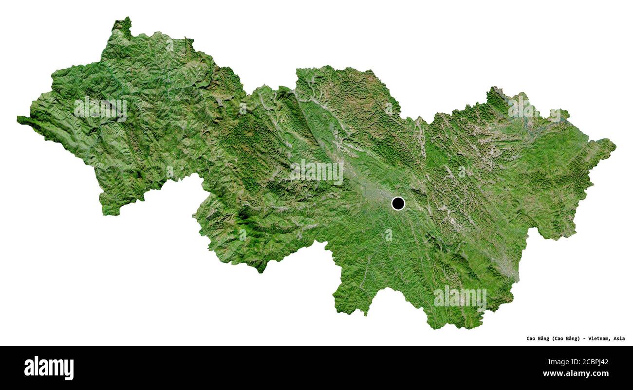 Shape of Cao Bằng, province of Vietnam, with its capital isolated on white background. Satellite imagery. 3D rendering Stock Photo
