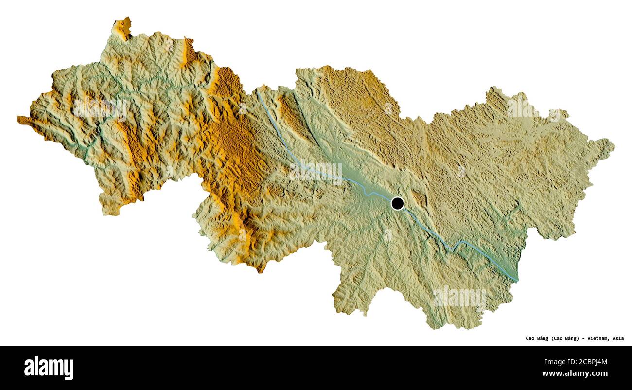 Shape of Cao Bằng, province of Vietnam, with its capital isolated on white background. Topographic relief map. 3D rendering Stock Photo