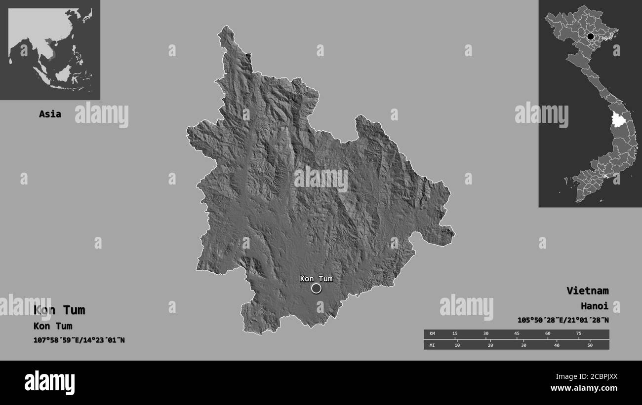 Shape of Kon Tum, province of Vietnam, and its capital. Distance scale, previews and labels. Bilevel elevation map. 3D rendering Stock Photo