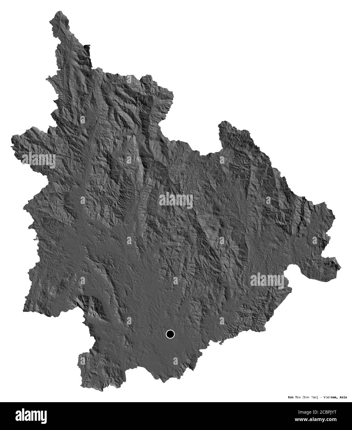 Shape of Kon Tum, province of Vietnam, with its capital isolated on white background. Bilevel elevation map. 3D rendering Stock Photo