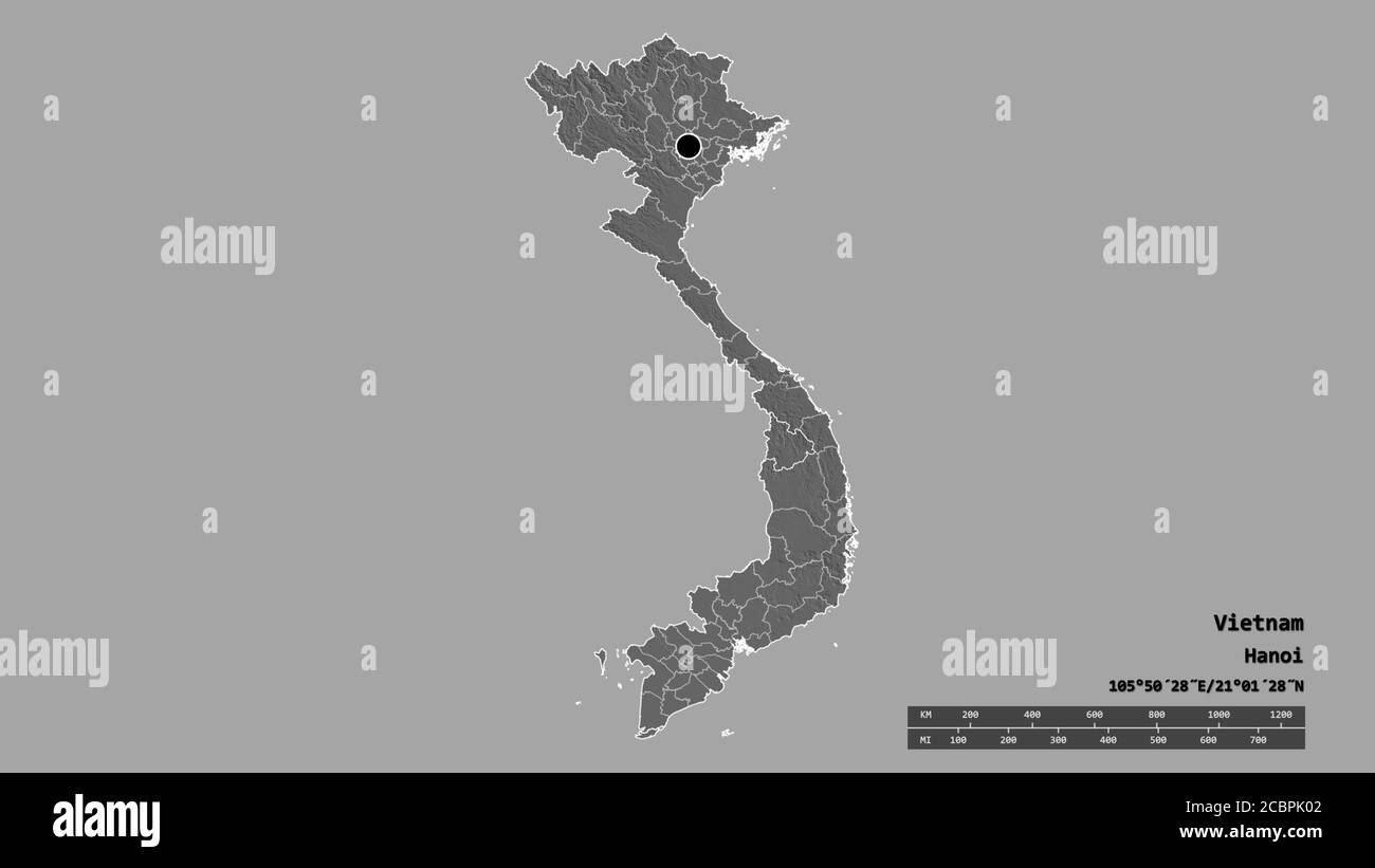Desaturated shape of Vietnam with its capital, main regional division and the separated Kon Tum area. Labels. Bilevel elevation map. 3D rendering Stock Photo