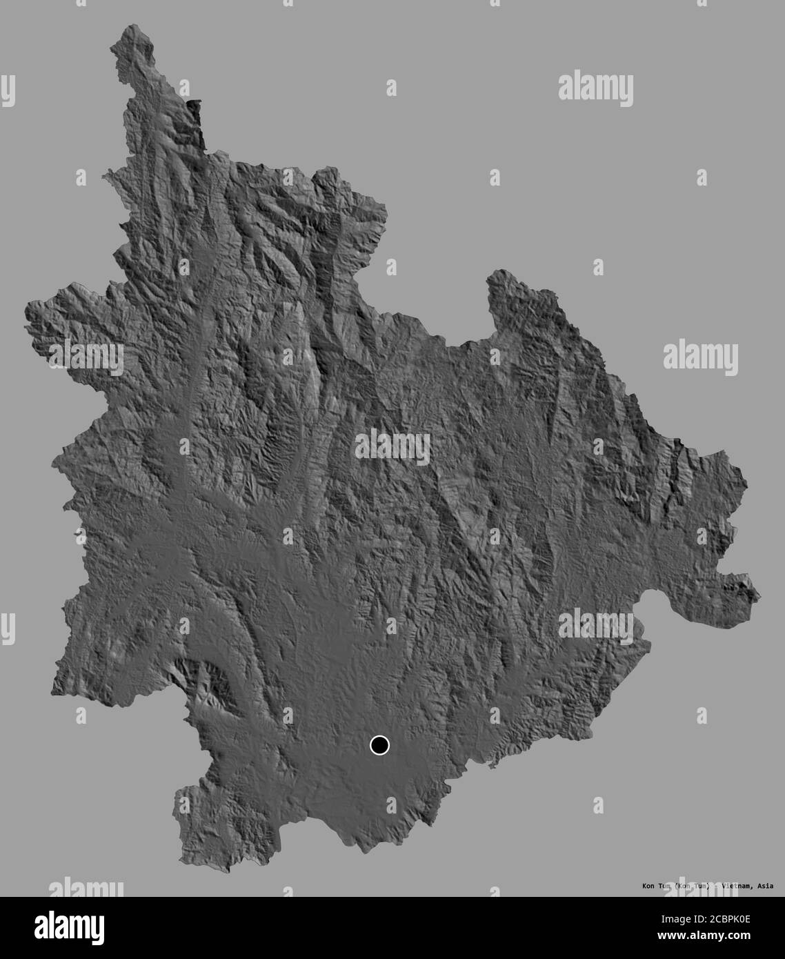Shape of Kon Tum, province of Vietnam, with its capital isolated on a solid color background. Bilevel elevation map. 3D rendering Stock Photo