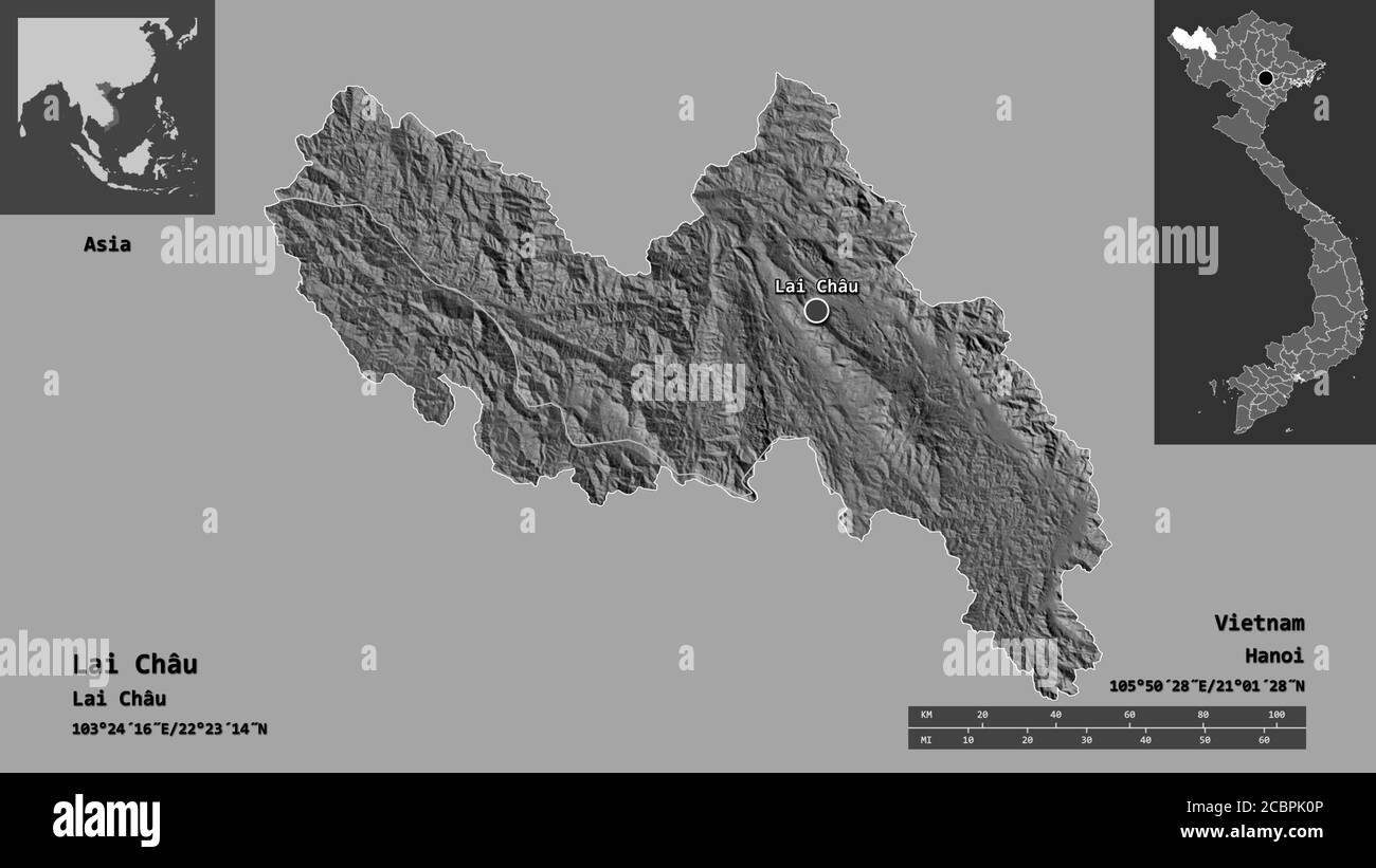 Shape of Lai Châu, province of Vietnam, and its capital. Distance scale, previews and labels
