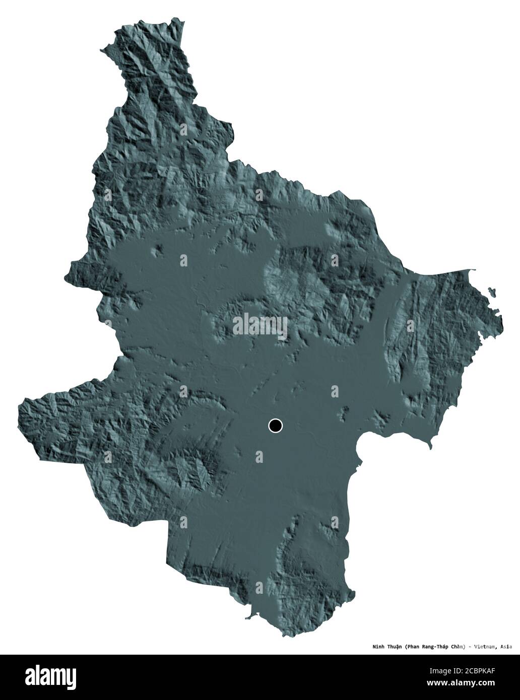 Shape of Ninh Thuận, province of Vietnam, with its capital isolated on white background. Colored elevation map. 3D rendering Stock Photo