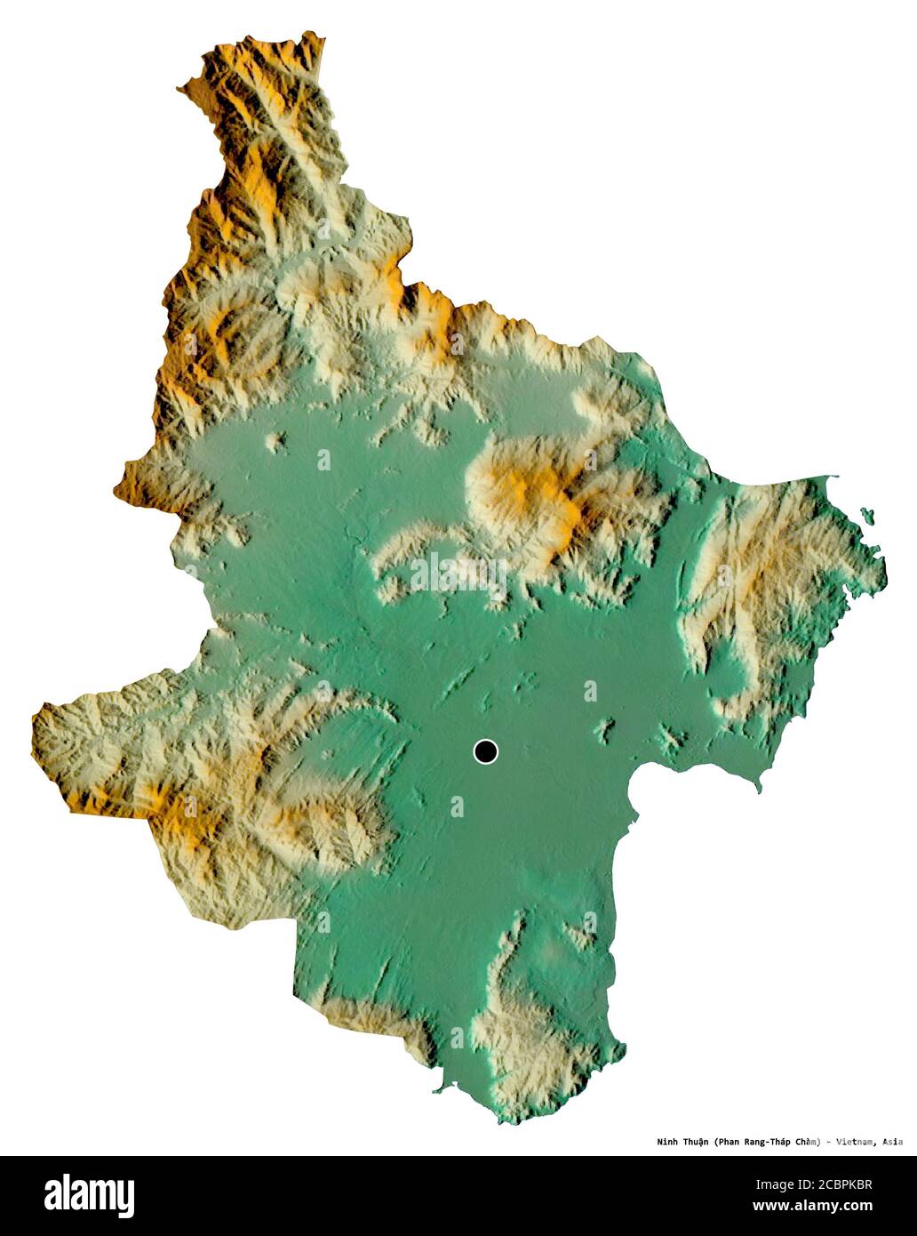 Shape of Ninh Thuận, province of Vietnam, with its capital isolated on white background. Topographic relief map. 3D rendering Stock Photo